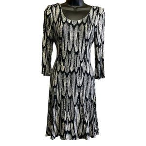 Express Black & White Feather Design 3/4 Sleeve Casual Lightweight Dress Small